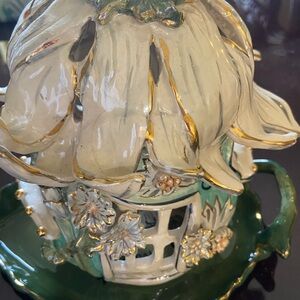 Hand-Painted Floral Fairy Cottage Tea Candle Holder & Gold Gilt Accents & plate